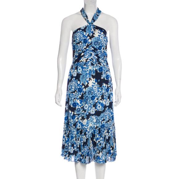 Tory Burch Blue Floral Silk Halter Neck Midi Dress - Picture 1 of 9